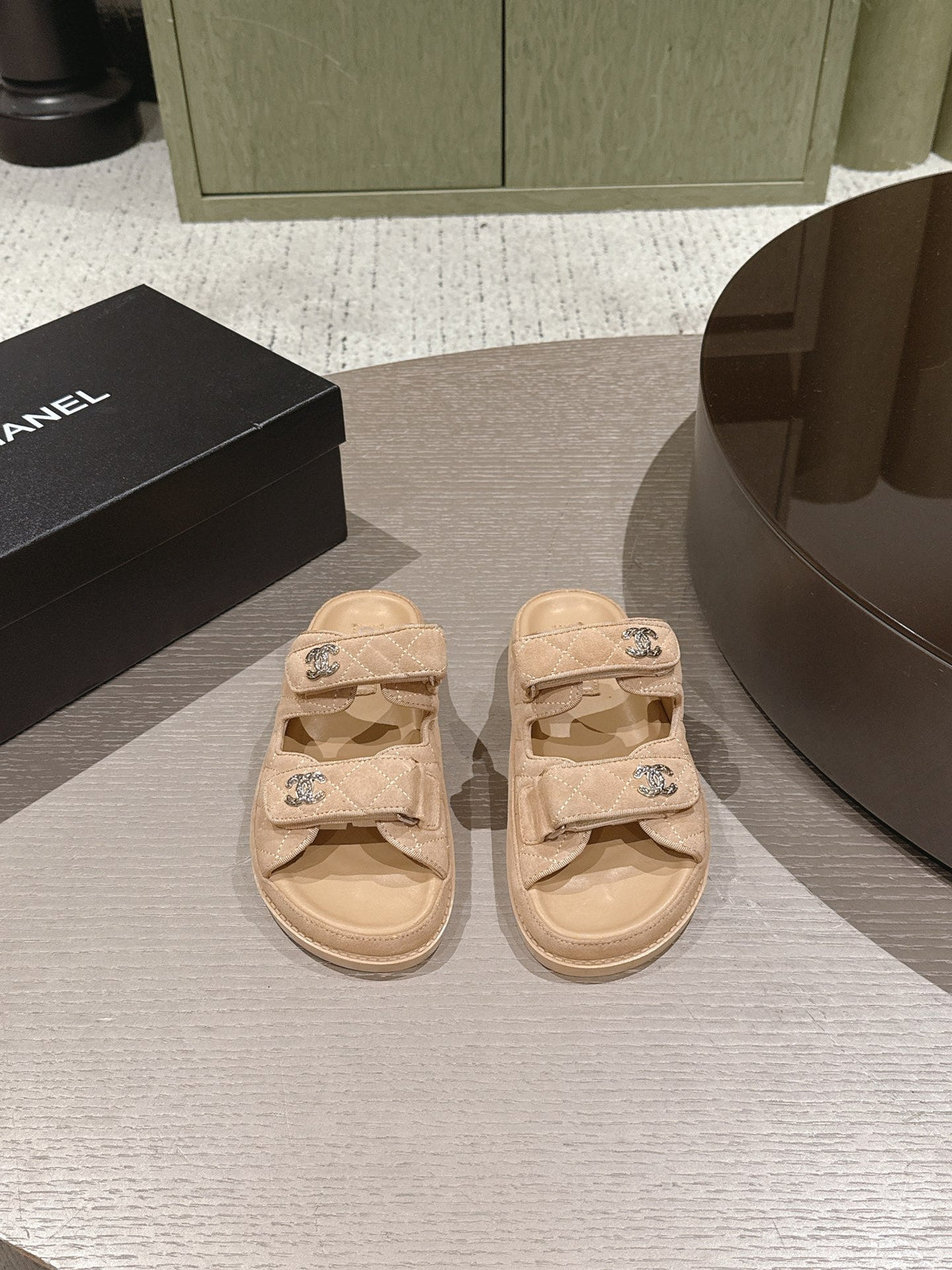 Chanel 2026 Velcro Beach Slippers Suede Leather 762937