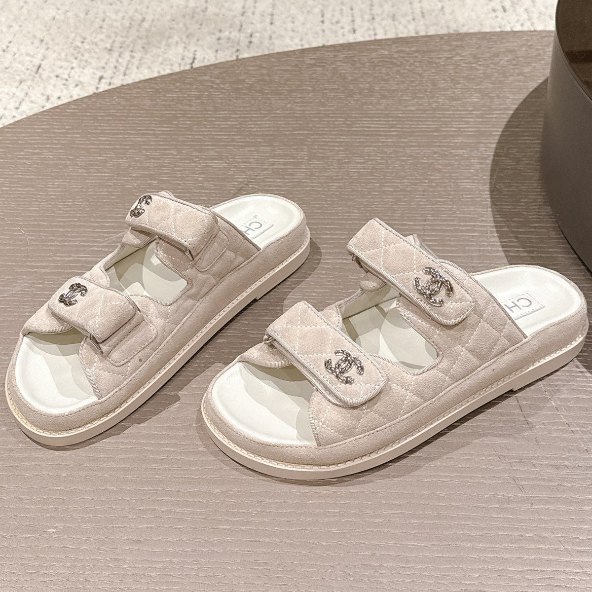 Chanel 2026 Velcro Beach Slippers Suede Leather 762937