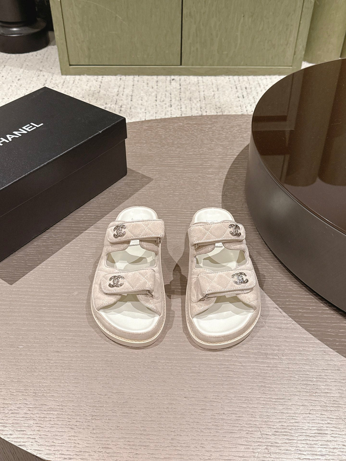 Chanel 2026 Velcro Beach Slippers Suede Leather 762937