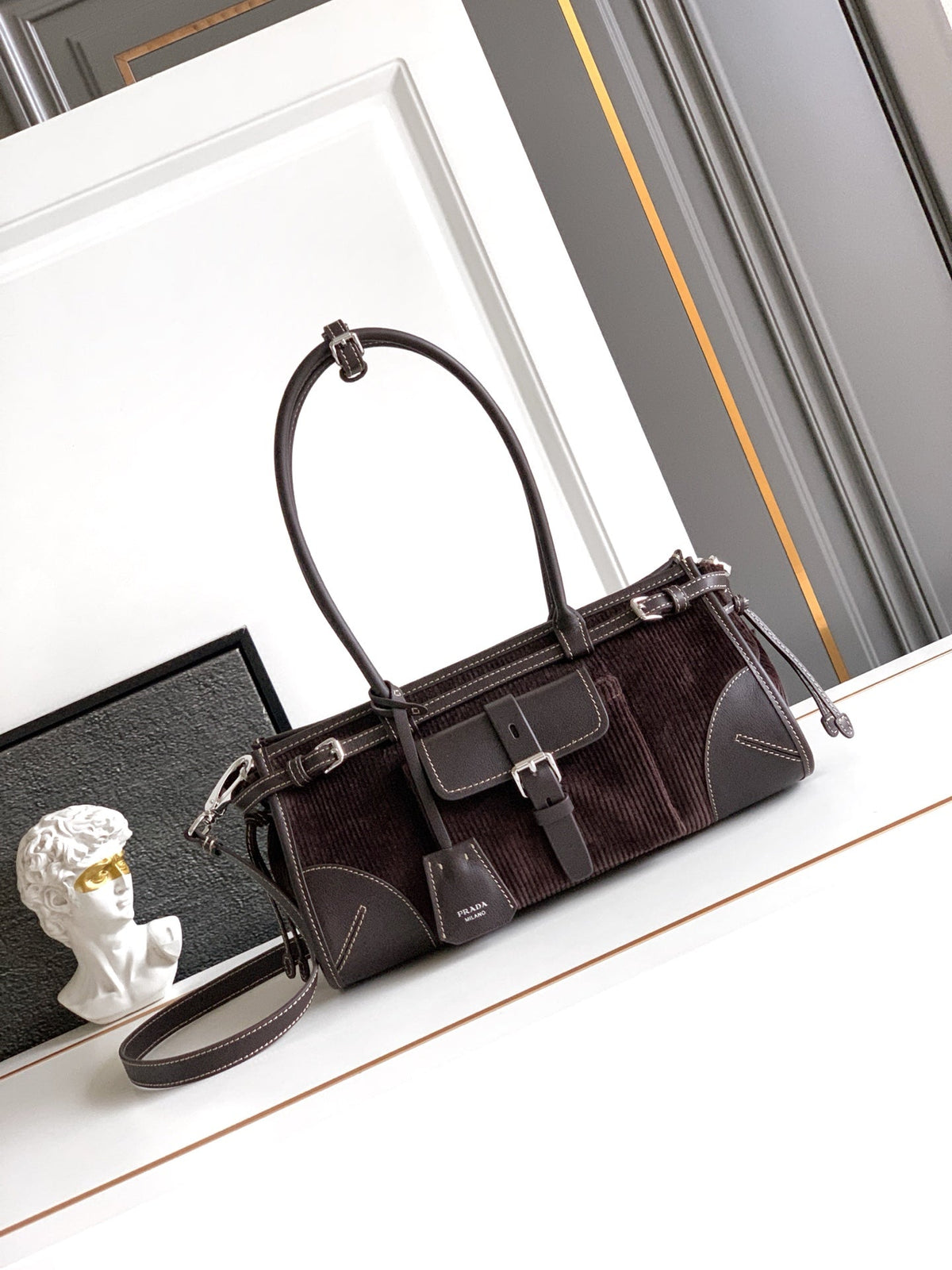 Prada 2026 Bonnie Corduroy Bag Brown Velvet Leather