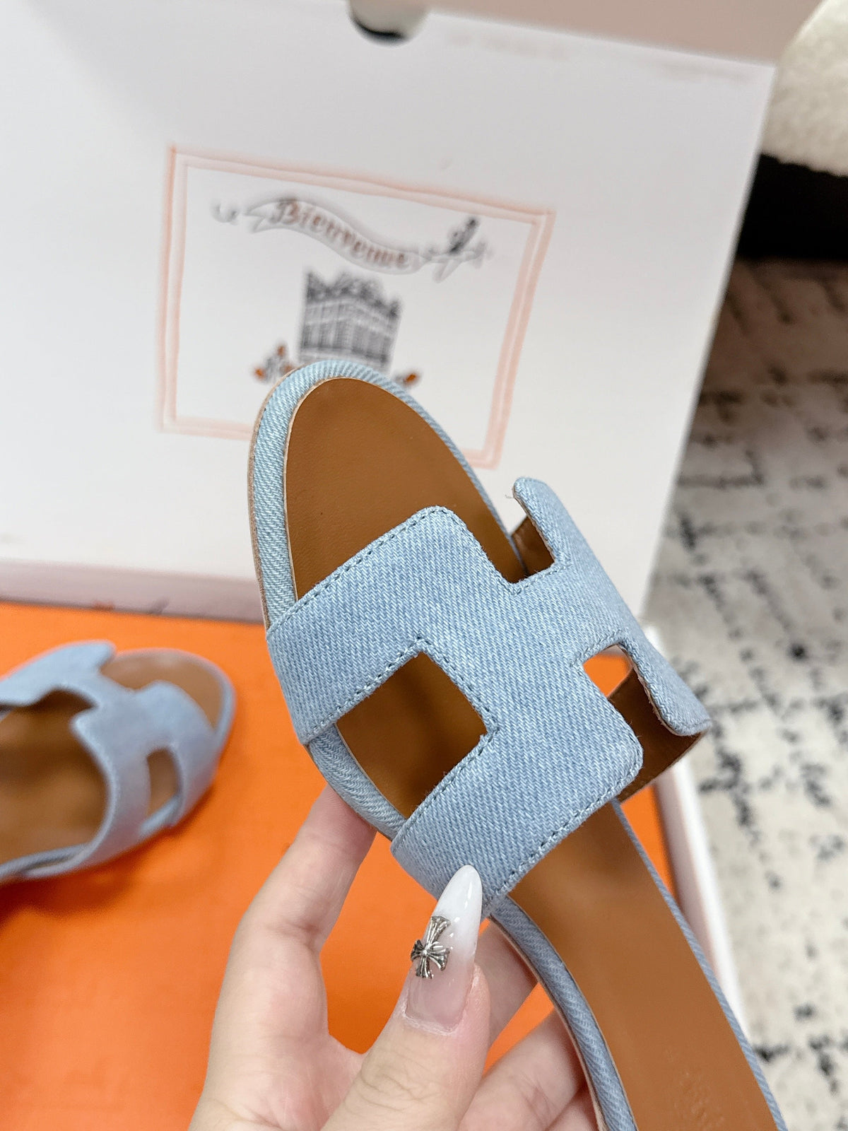 HM 26ss High-Heeled Sandals 50 Brown Blue Denim Cowhide 617220