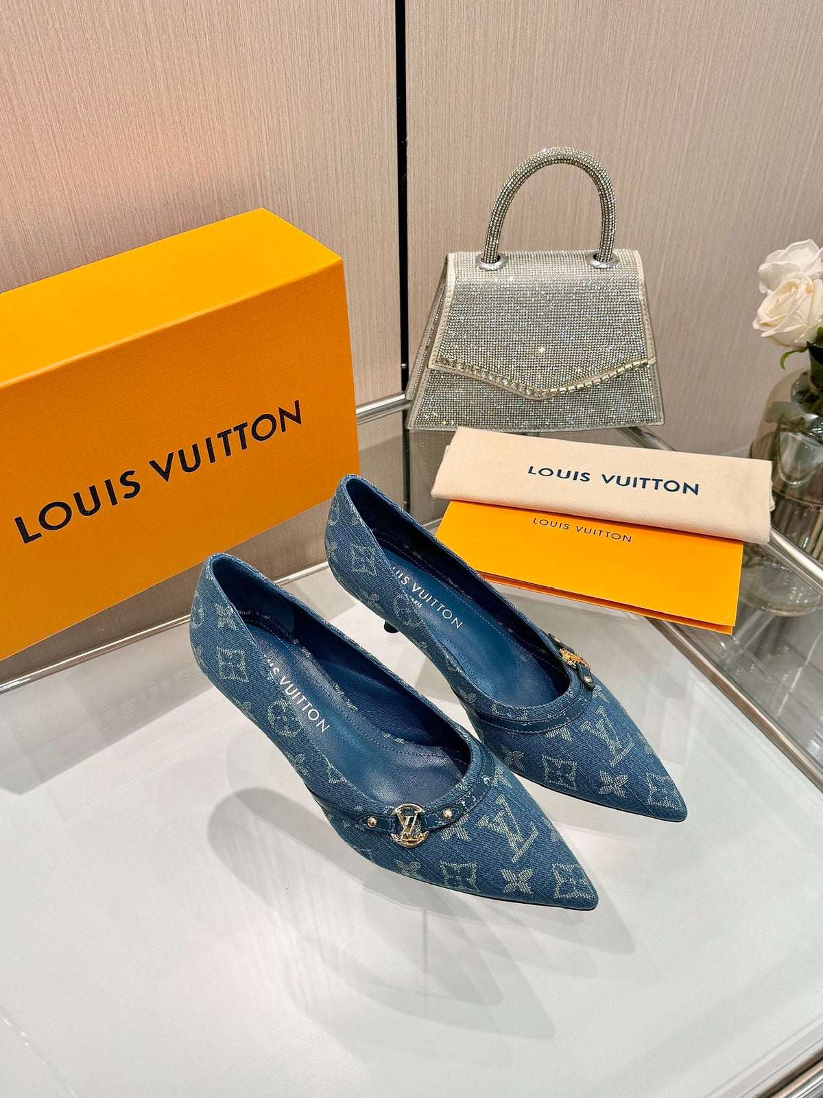 6AM HIGH HEELS 55 MM IN CLASSIC BLUE MONOGRAM DENIM