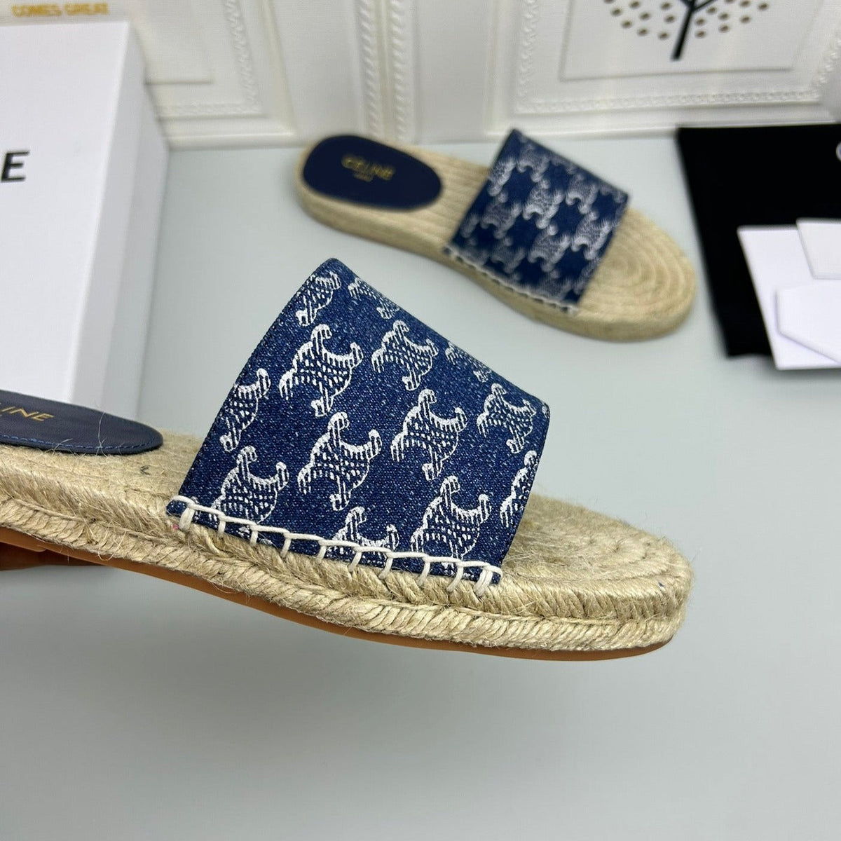 NEW FLAT FISHERMAN SLIPPERS NAVY BLUE COTTON CANVAS