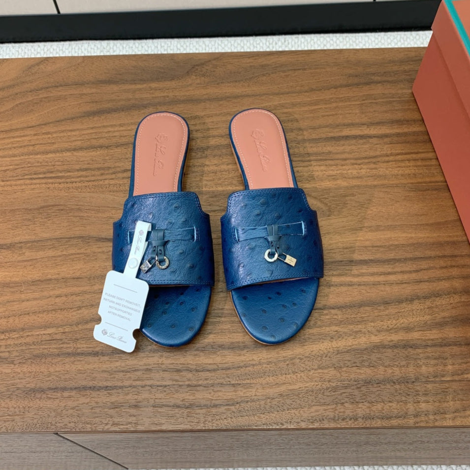 FLAT SLIPPERS IN NAVY BLUE LAMBSKIN OSTRICH SKIN