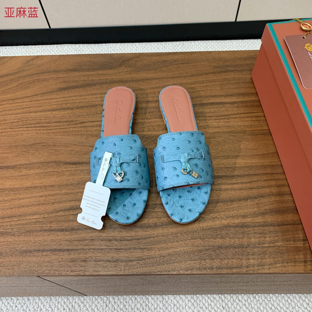 FLAT SLIPPERS IN LIGHT BLUE LAMBSKIN OSTRICH SKIN