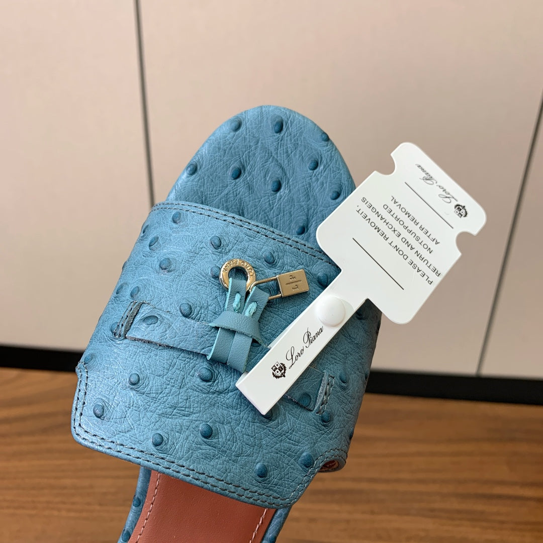 FLAT SLIPPERS IN LIGHT BLUE LAMBSKIN OSTRICH SKIN