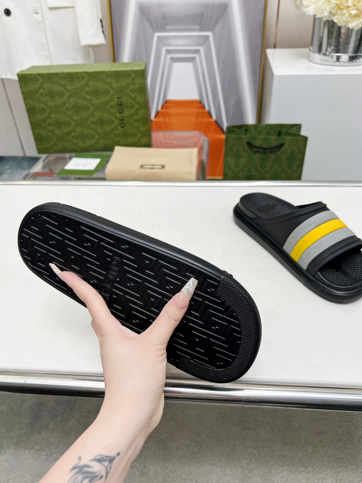 PLATFORM SLIPPERS IN BLACK MIX GRAY AND YELLOW IMPORTED TPU