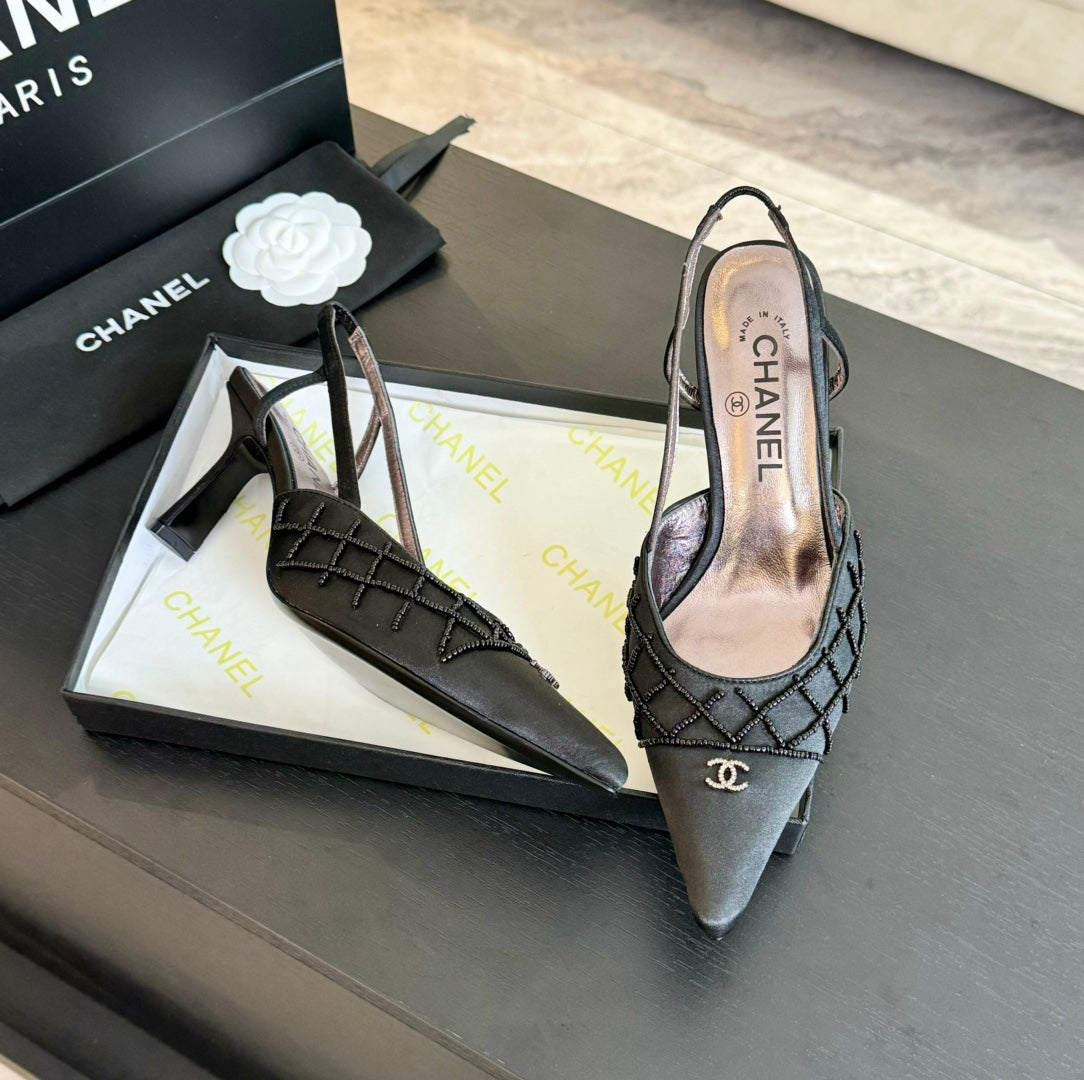 POINTED SLINGBACK MID HEELS BLACK LAMBSKIN