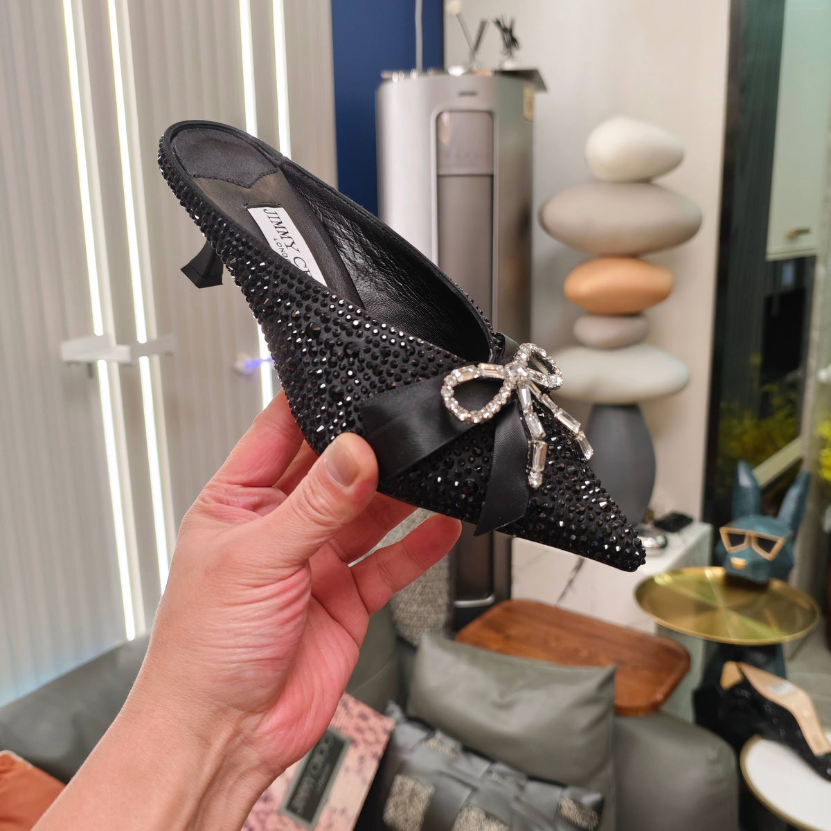 Jimmy 26s Crystal Slipper 45 Black Silk Satin Cowhide 596339