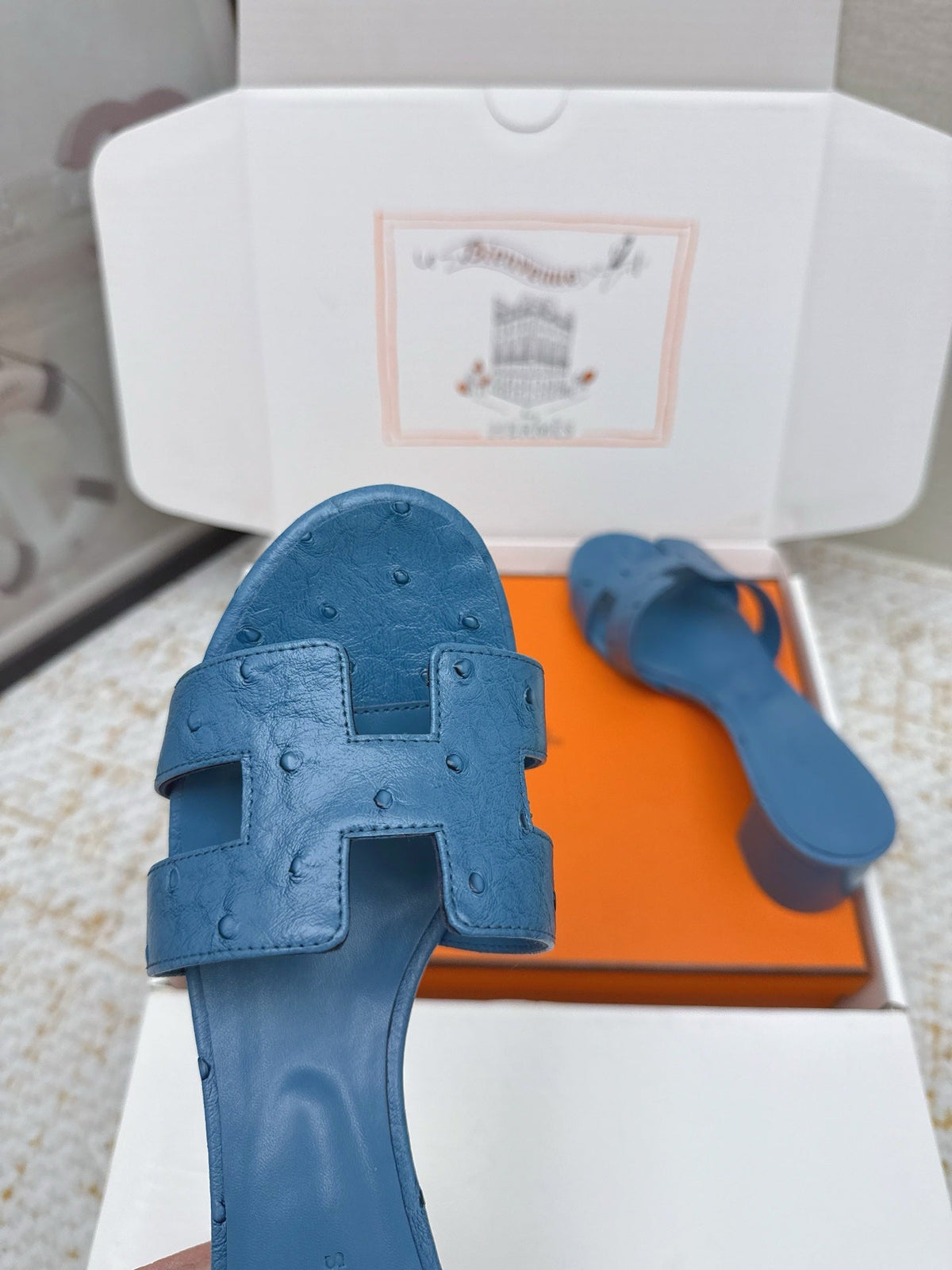 HM 26ss Oran Sandals 50 Blue Ostrich Leather 625127