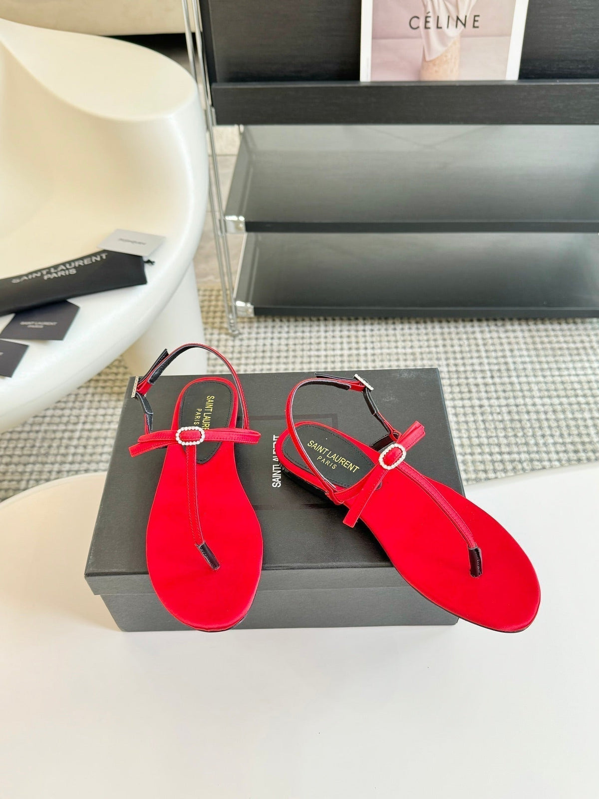 SL Silk Bow T-Strap Flat Sandals Red Leather