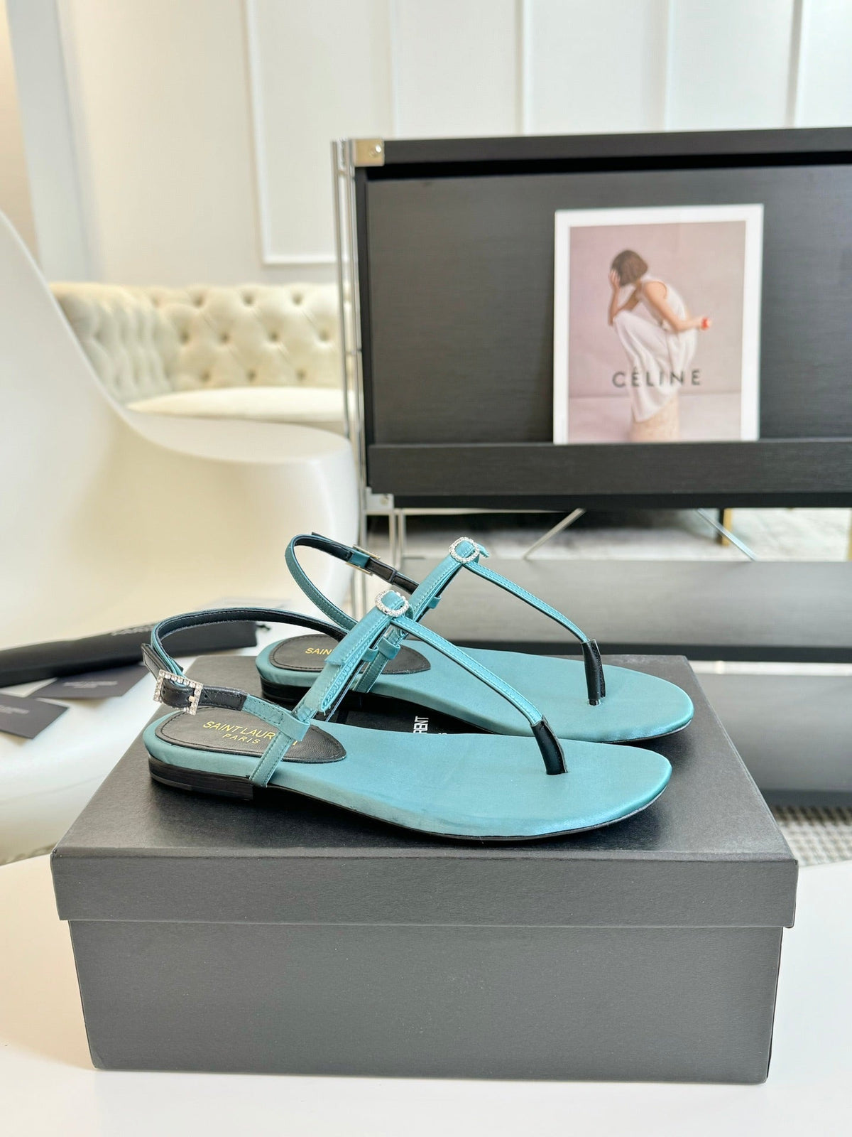 SL Silk Bow T-Strap Flat Sandals Cloud Blue Leather