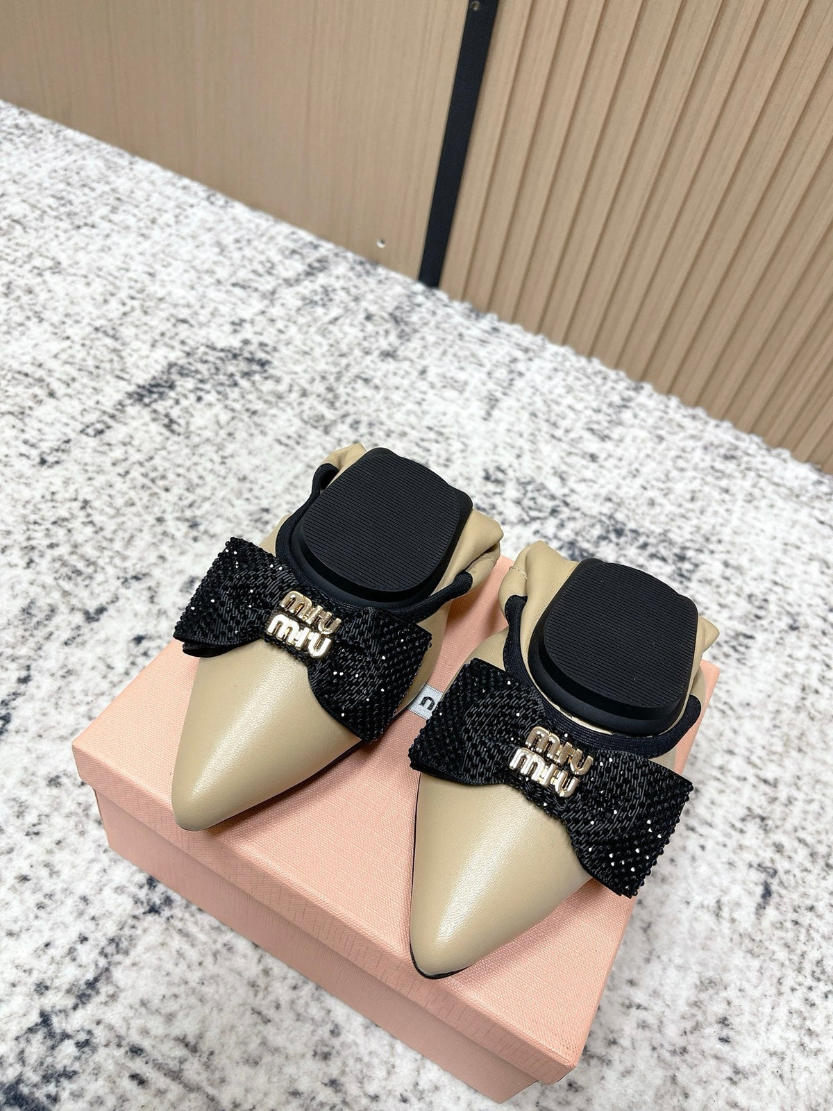 Miu Pointed-Toe Ballet Flats Beige Sheepskin 591569