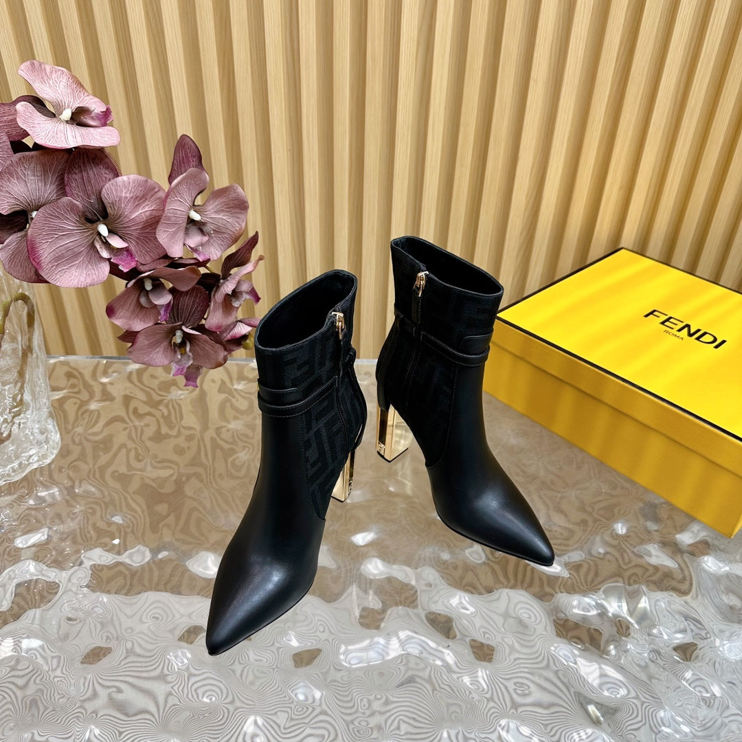 FF BOOTIES BOOTS IN BLACK CALFSKIN AND MONOGRAM FF FABRIC