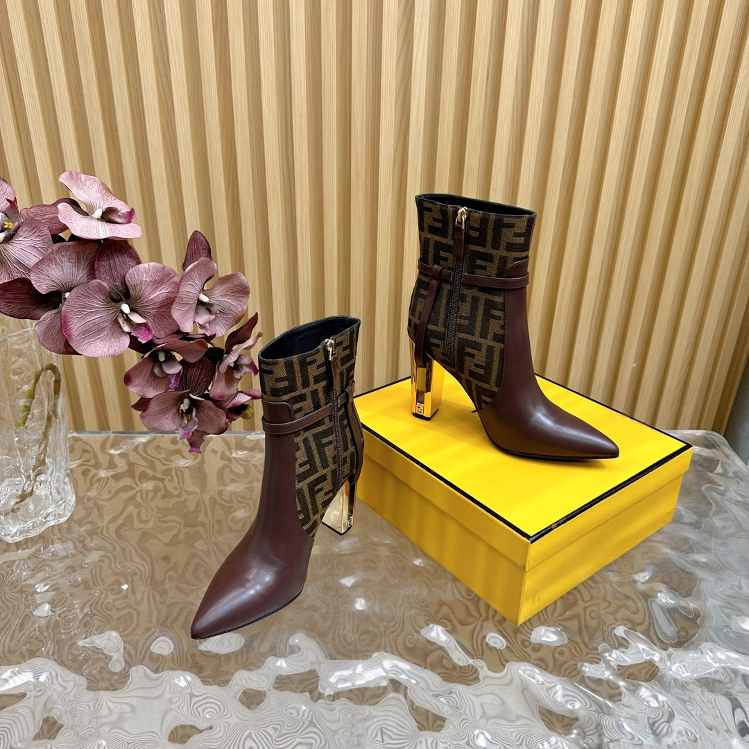 FF BOOTIES BOOTS IN SANGRIA PURPLE CALFSKIN AND MONOGRAM FF FABRIC