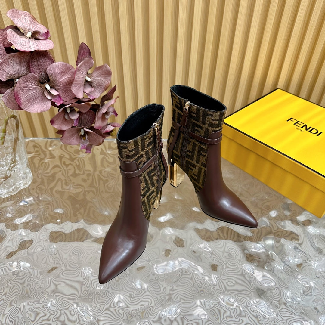 FF BOOTIES BOOTS IN SANGRIA PURPLE CALFSKIN AND MONOGRAM FF FABRIC