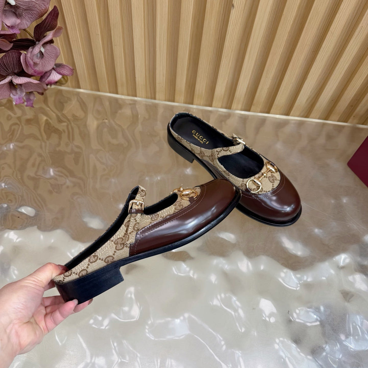 GG 26 Mule Brown Beige Beaded Leather Double G Fabric 589456