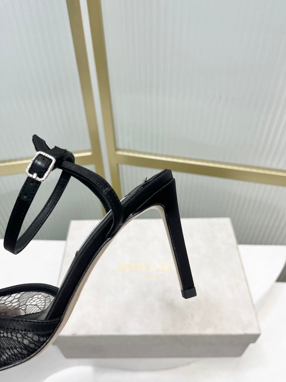 Jimmy 26s Peep-Toe High Heels 85 Black Lace Sheepskin 605973