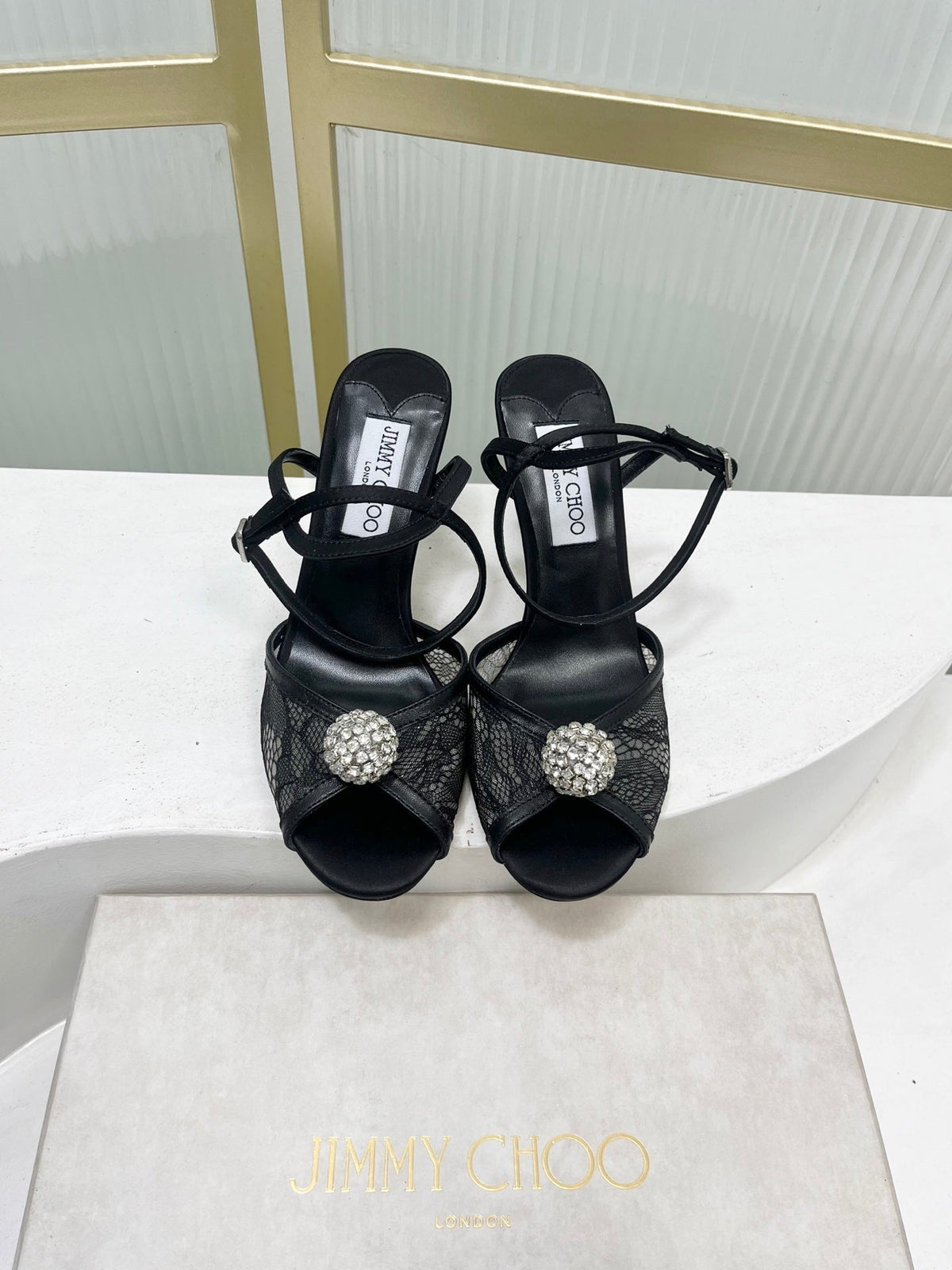 Jimmy 26s Peep-Toe High Heels 85 Black Lace Sheepskin 605973