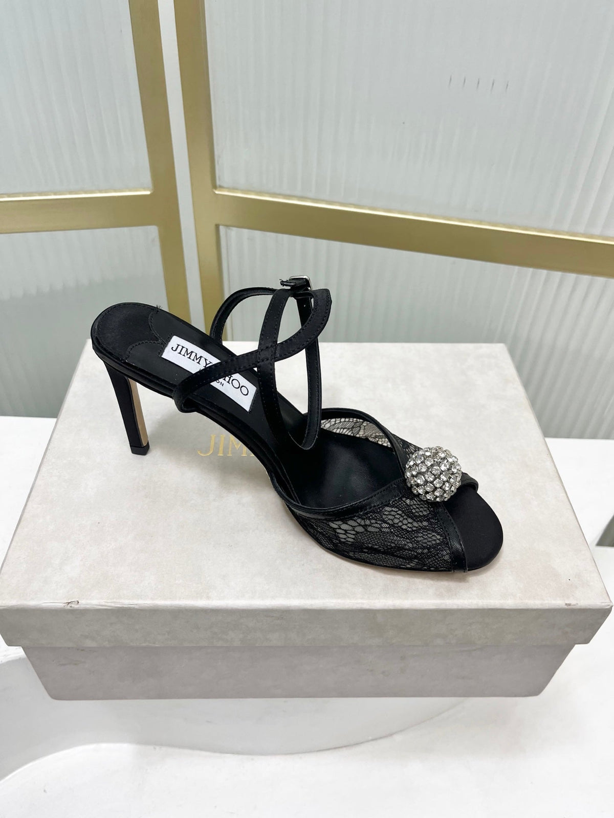 Jimmy 26s Peep-Toe High Heels 85 Black Lace Sheepskin 605973