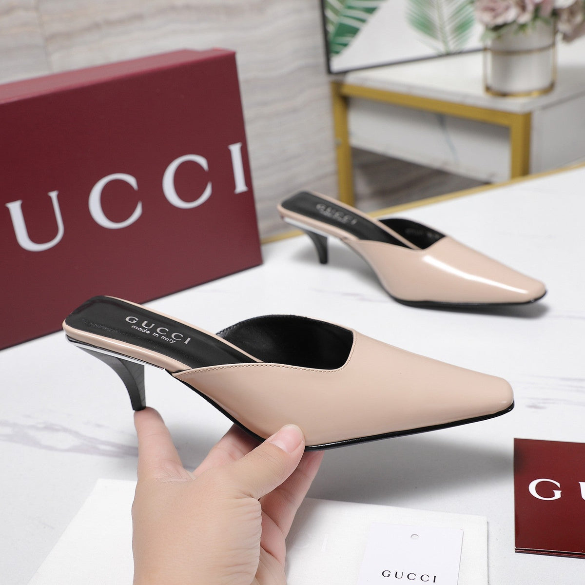 GG 26ss High Heel Mule 60 Light Beige Sheepskin 601085