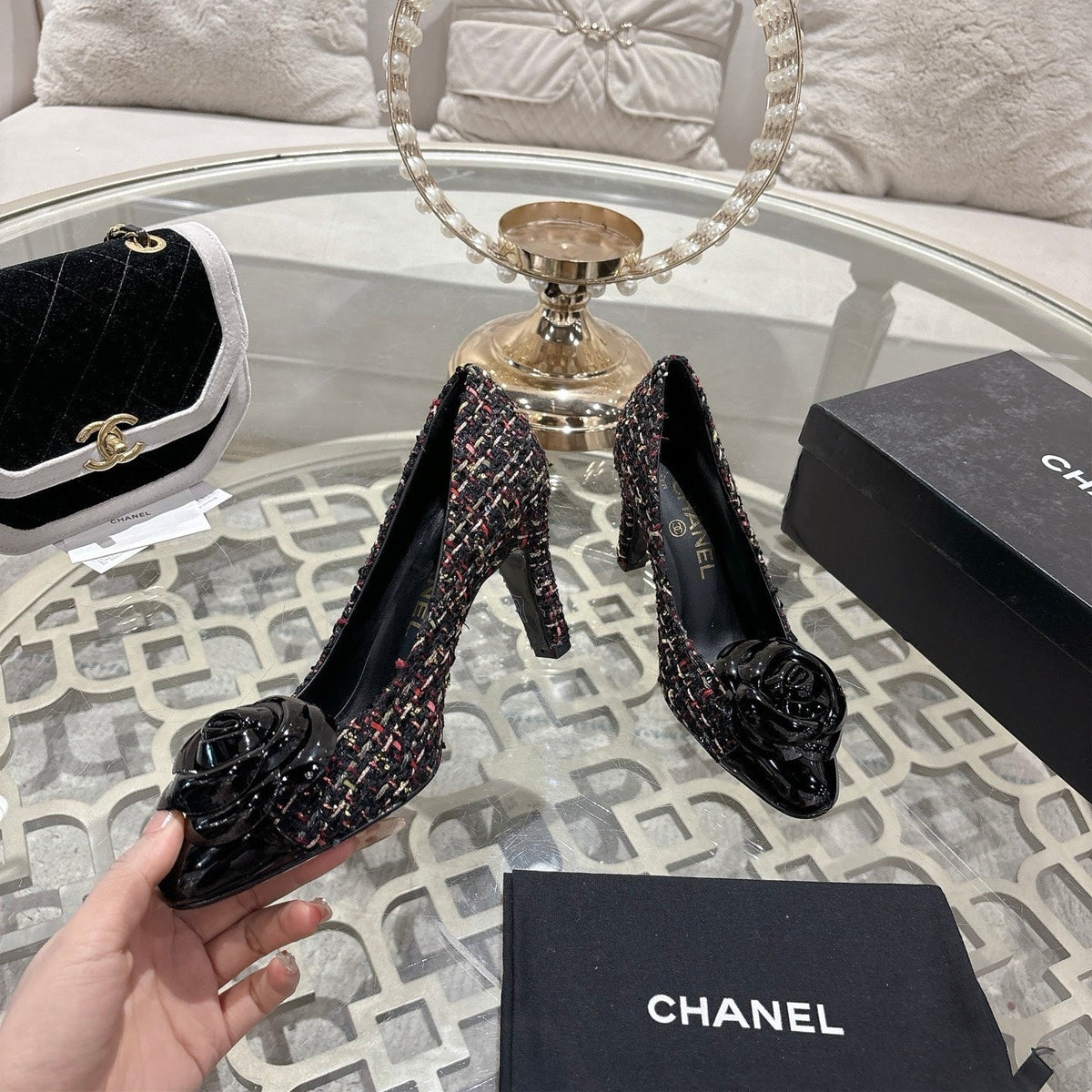 CC 26s High Heels Pump 85 Black Colorful Wool Fabric 627014