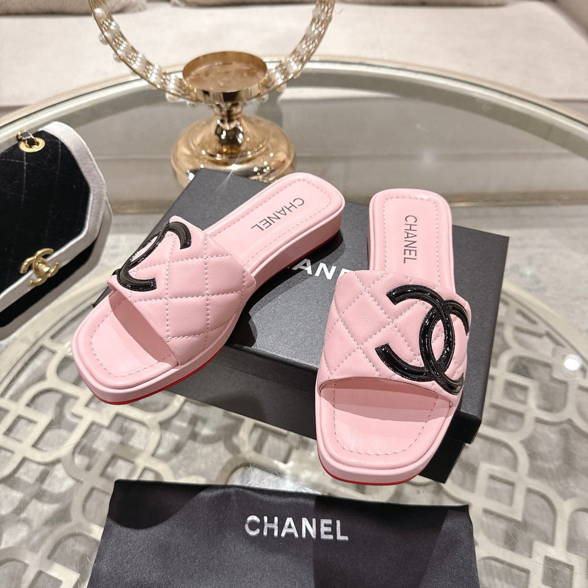 CC 26s Platform Slippers Pink Black Sheepskin 627071