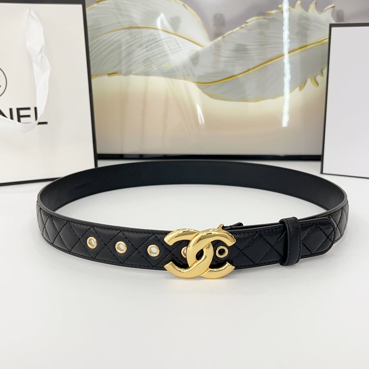 DOUBLE C BELT 30MM IN BLACK QUILTED LEATHER WITH GOLD BUCKLE