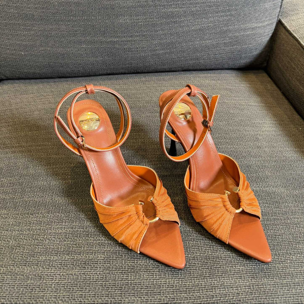 LOLA HIGH SANDALS IN TANGELO ORANGE SMOOTH LAMBSKIN AND DRAPED JERSEY