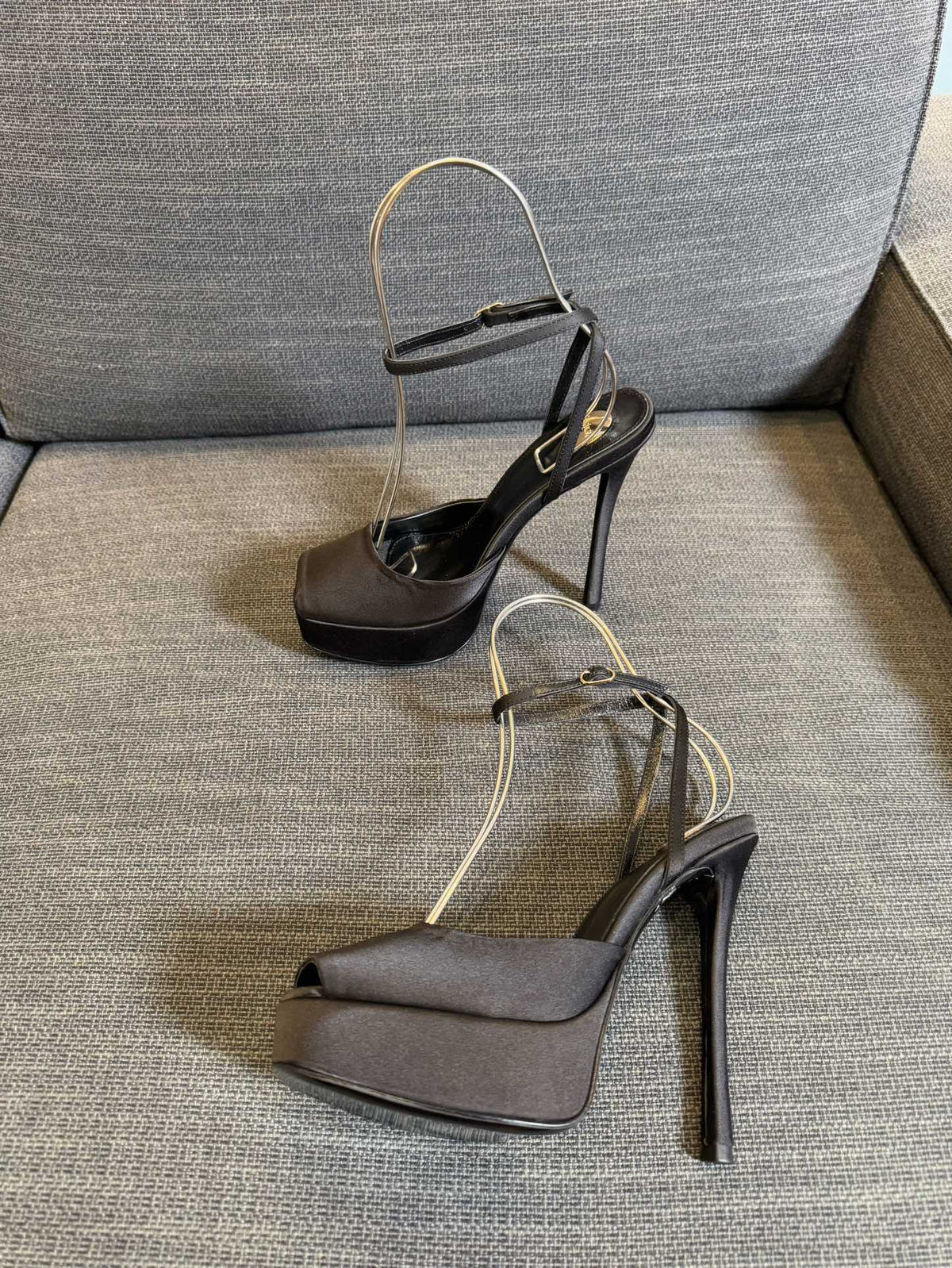 LA SCANDALE PLATFORM SANDALS IN TAUPE BROWN SATIN