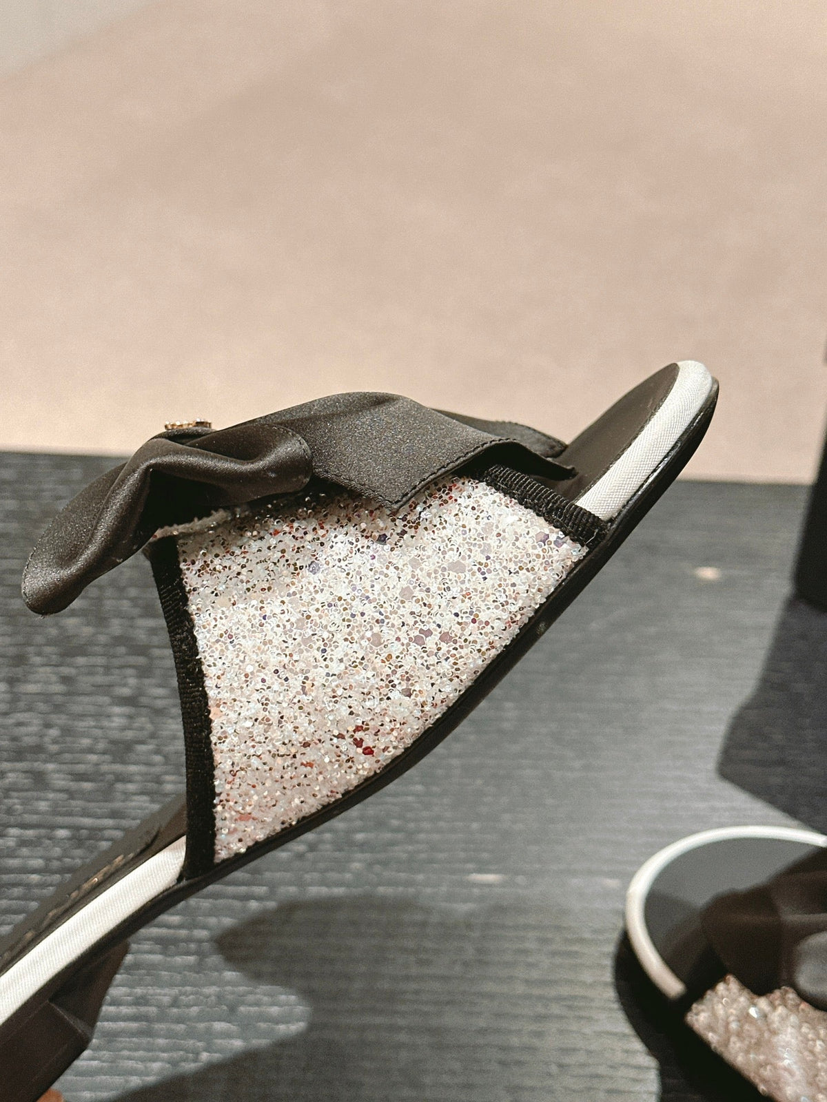BOW LADY SLIPPERS BLACK LAMBSKIN WITH WHITE RHINESTONES