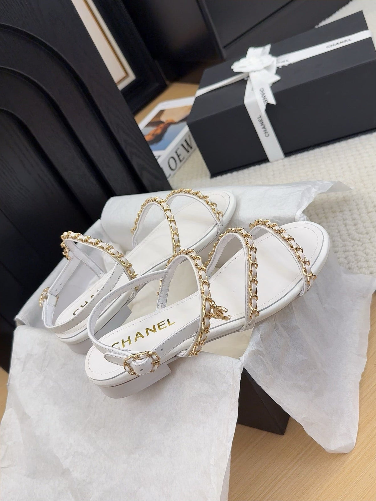 THREE-STRAPS SANDALS IN WHITE CALFSKIN WITH GOLD HARDWARE