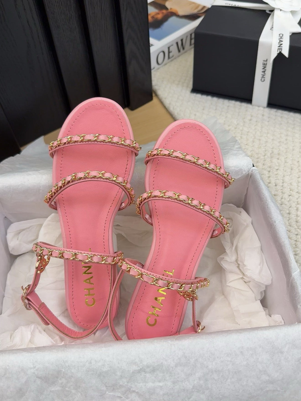 THREE-STRAPS SANDALS IN FLAMINGO PINK CALFSKIN WITH GOLD HARDWARE