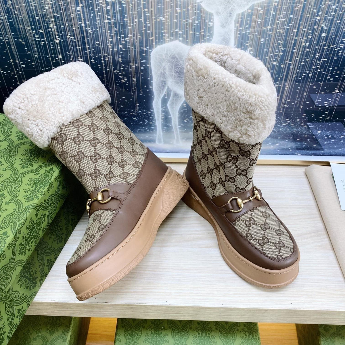 HORSEBIT ANKLE BOOTS WITH MERINO TRIM IN BEIGE JACQUARD FABRIC MIX BROWN CALFSKIN