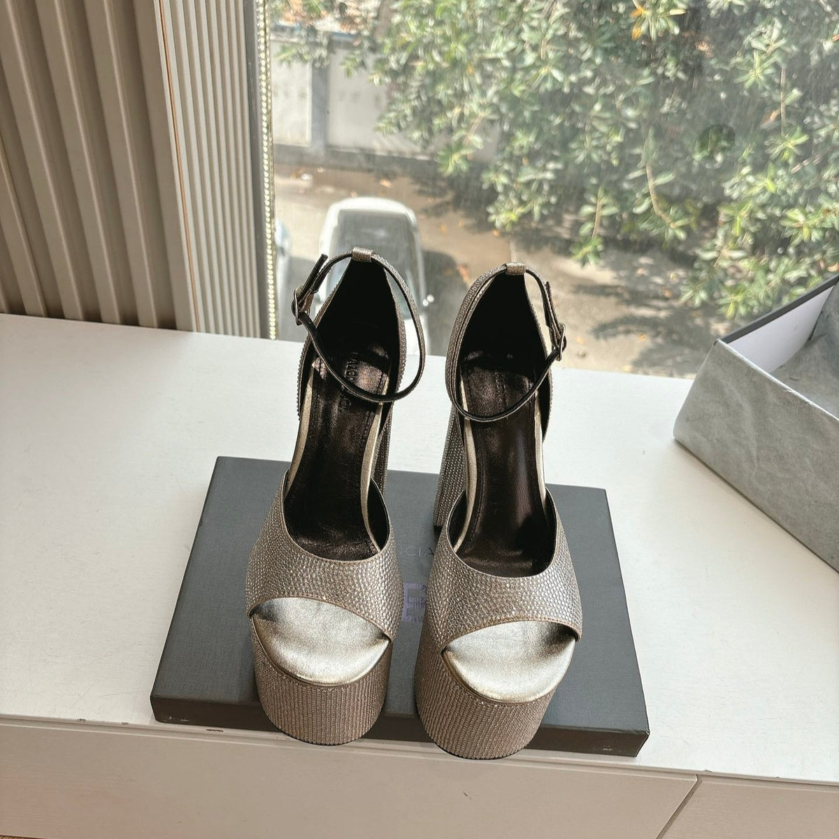 PLATFORM ANKLE STRAP HEELS IN BEIGE METALLIC ATTACHED RHINESTONES CALFSKIN