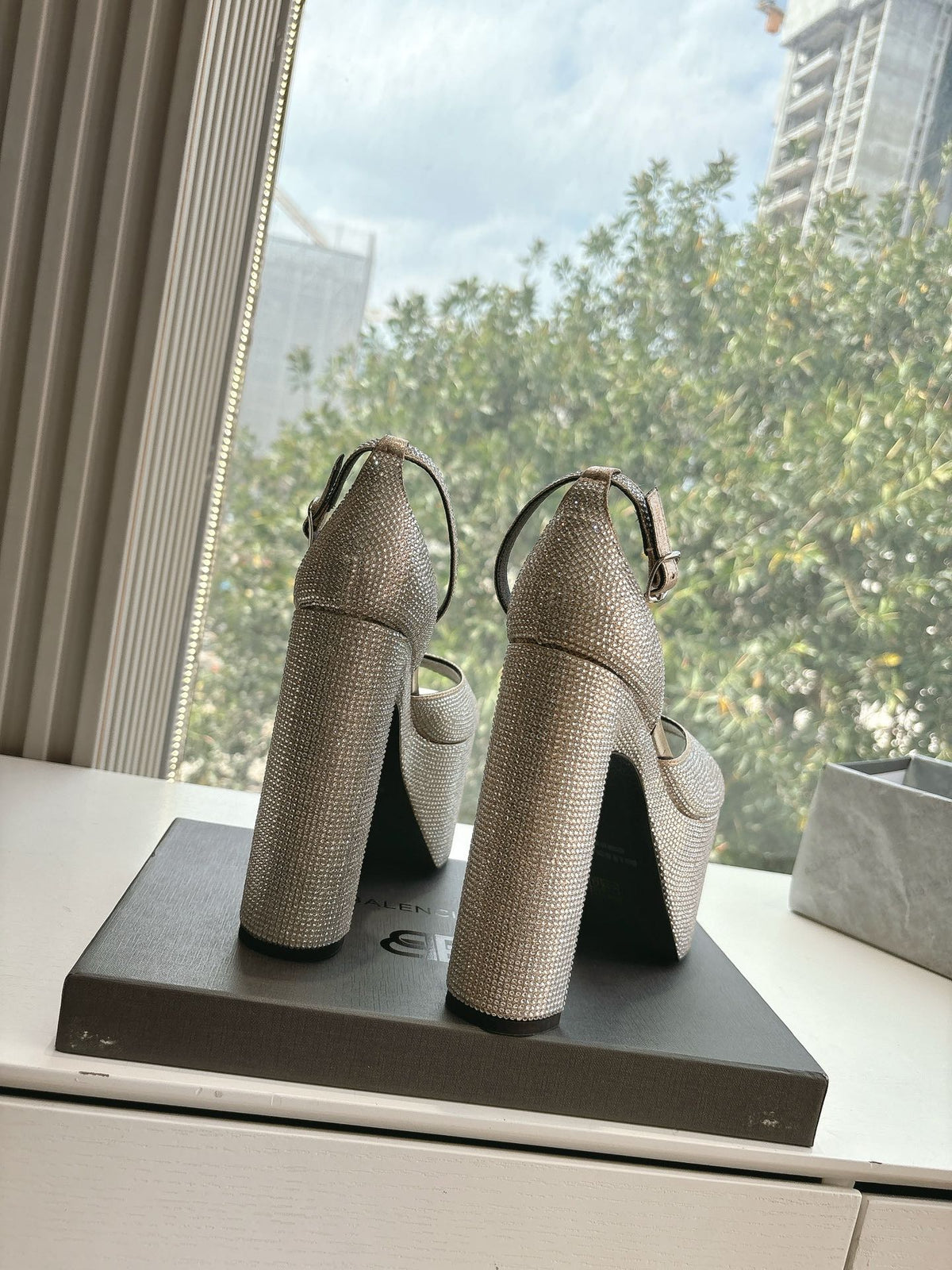 PLATFORM ANKLE STRAP HEELS IN BEIGE METALLIC ATTACHED RHINESTONES CALFSKIN