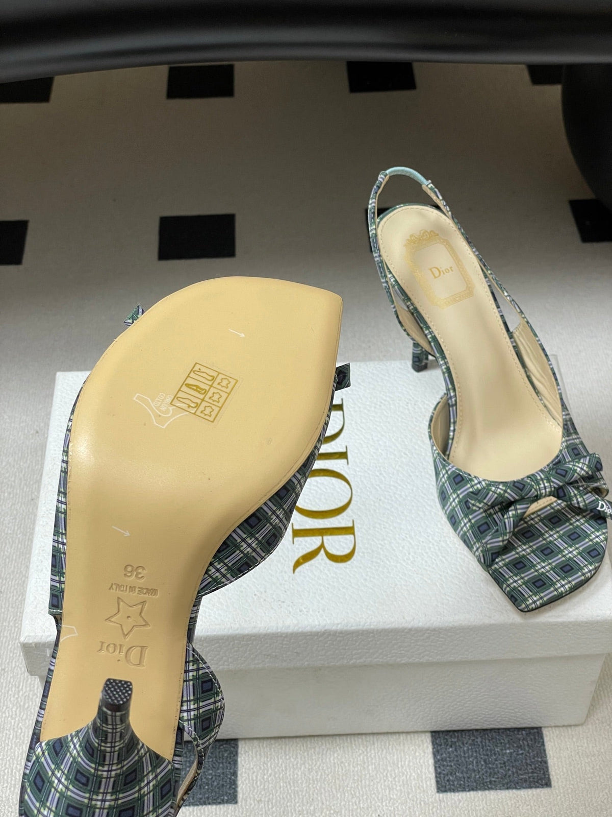 CD 26 Slingback 85 Black Green Blue Leather Silk Fabric 593602