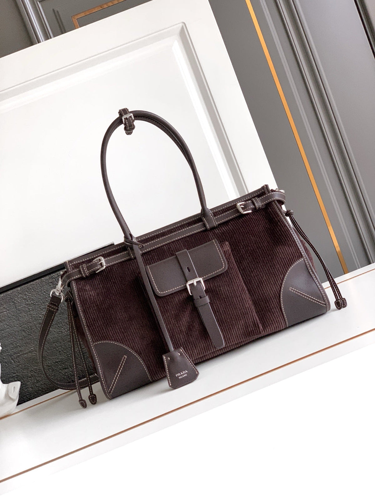 Prada 2026 Bonnie Corduroy Bag Brown Velvet Leather