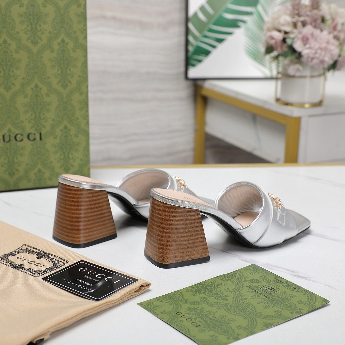 GG High Heels Half Slippers Silver