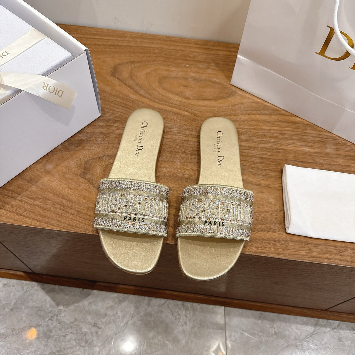CD 26s Embroidered Sandals Gold Champage Canvas Leather 685616