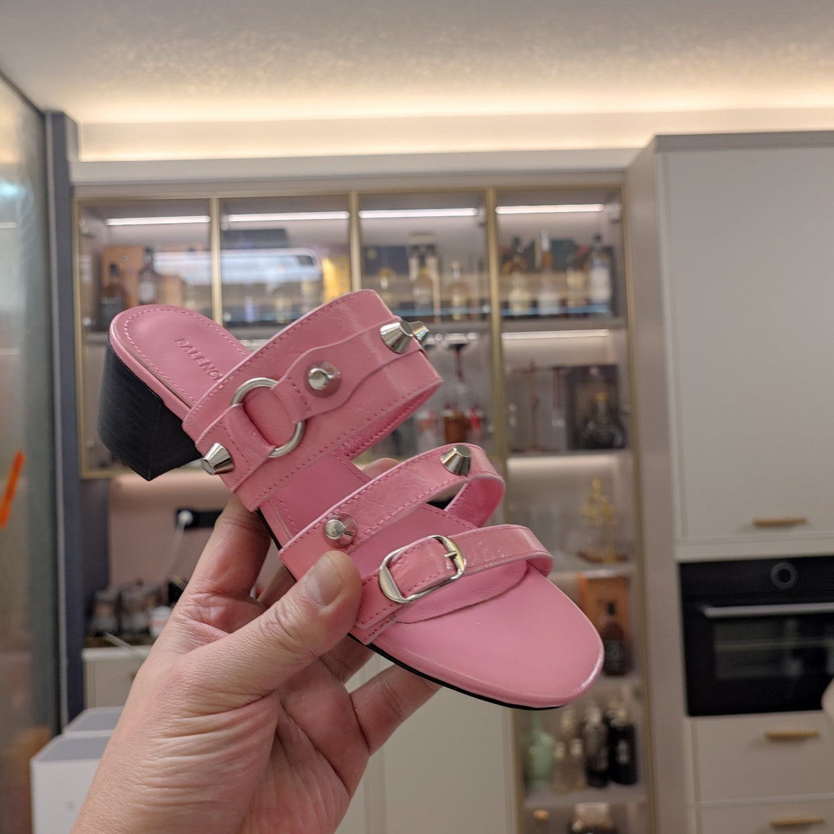STRAPPY MEDIUM HEELED SANDALS IN WEWAK PINK STUDDED WAX-OIL SHEEPSKIN