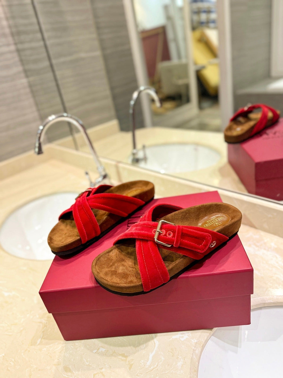 FUSSFRIEND CHERRY RED SILK VELVET SLIDE SANDALS