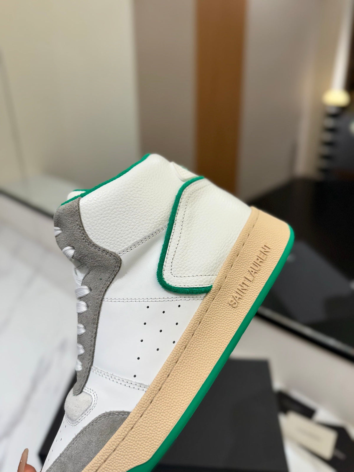 MID-TOP SNEAKERS IN WHITE PERFORATED LAMBSKIN AND GRAY SUEDE