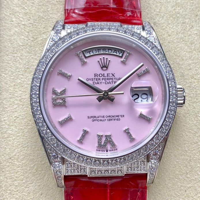 ROLEX Day-Date 36mm Diamond Red Leather Pink Dial