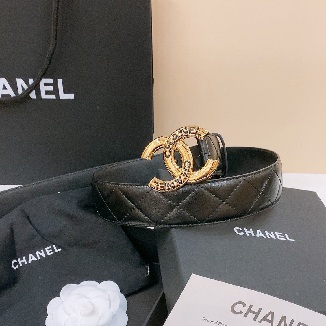 DOUBLE C BELT 40MM IN BLACK QUILTED LAMBSKIN GOLD BUCKLE EMBOSSED LOGO