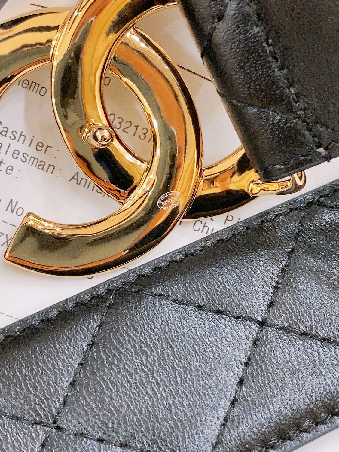 DOUBLE C BELT 40MM IN BLACK QUILTED LAMBSKIN GOLD BUCKLE EMBOSSED LOGO