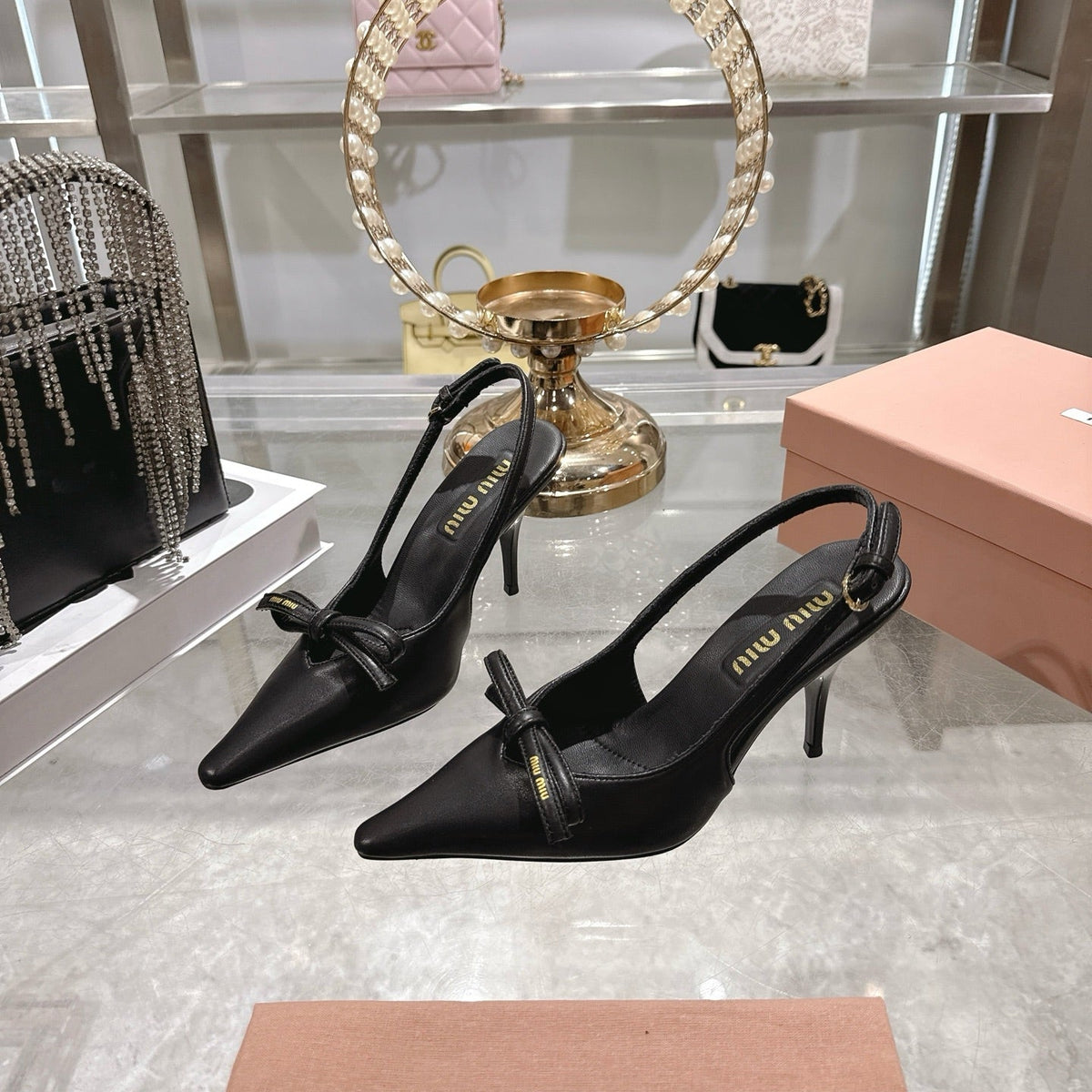 Miu 26 High Heel Slingback 80 Black Leather 592097