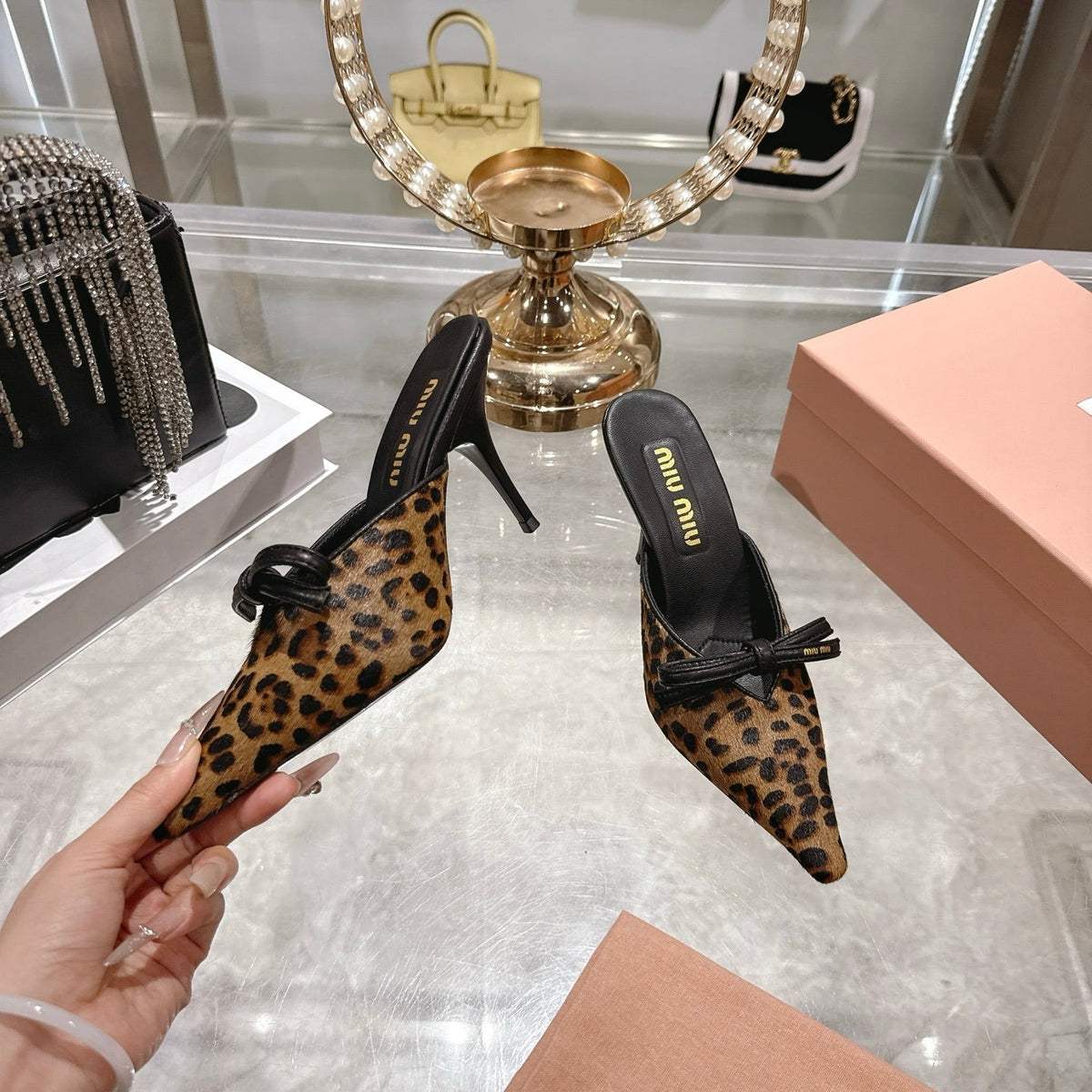 Miu 26 Pointed Toe High Heel Mule Leopard Print Sheepskin 592085