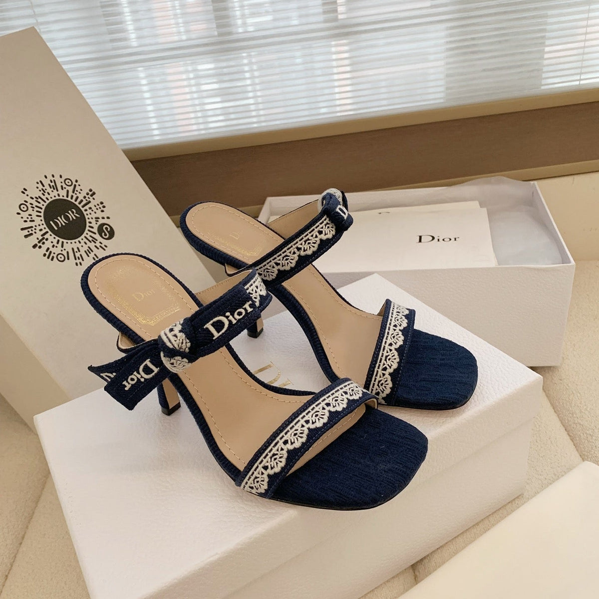 CD 26s High Heel Sandal 100 Navy Blue Canvas Sheepskin 664177