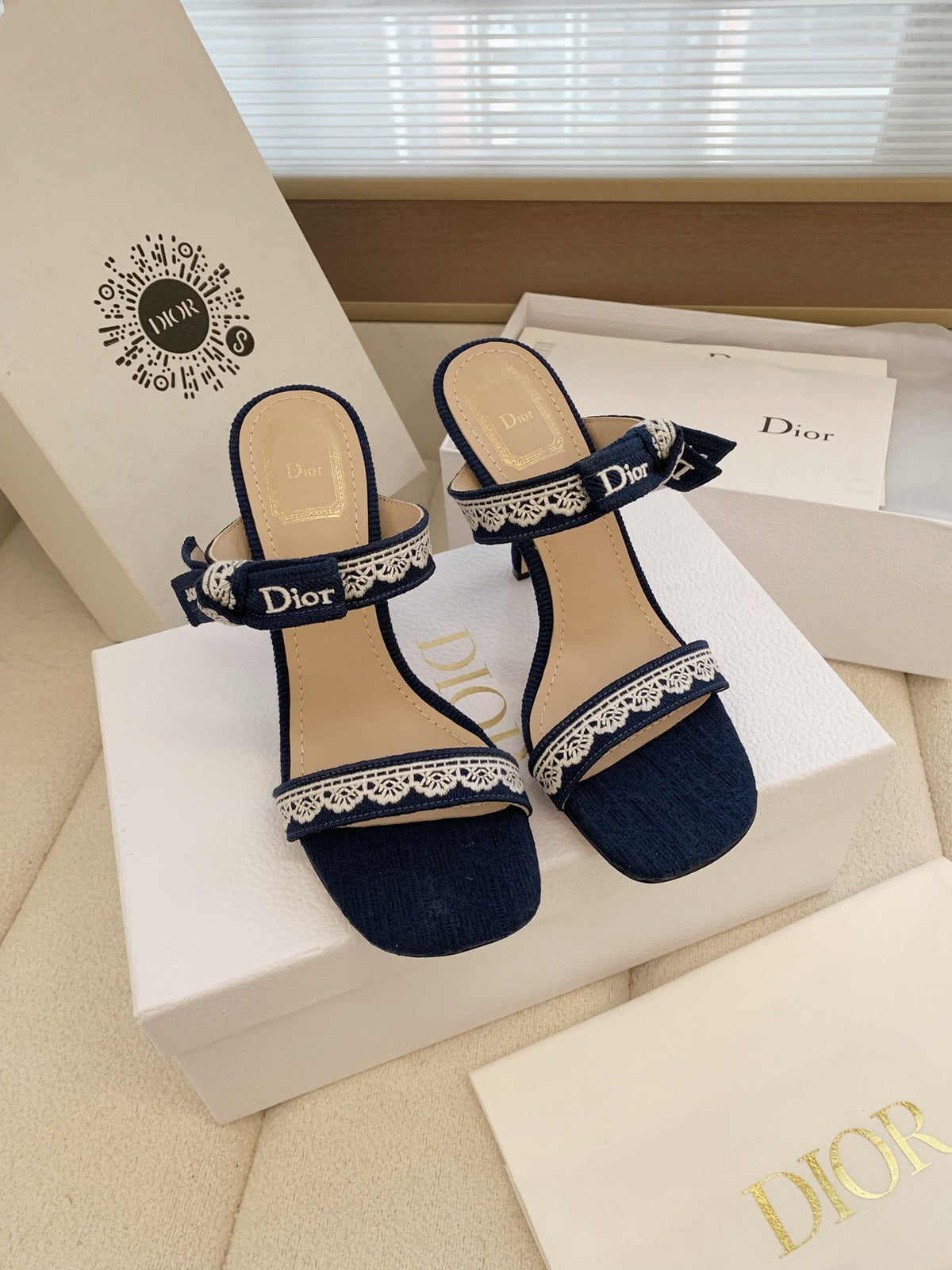 CD 26s High Heel Sandal 100 Navy Blue Canvas Sheepskin 664177